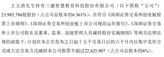 三盛教育股东王文清拟减持股份 预计减持不超总股本6%