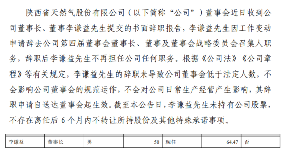 陕天然气董事长李谦益辞职2018年薪酬为64万元