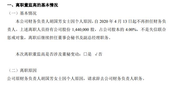 朗鸿科技财务负责人胡国芳辞职江志平接任