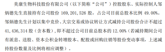 美康生物股东邹炳德计划减持公司股份合计不超过公司目前总股本的12%