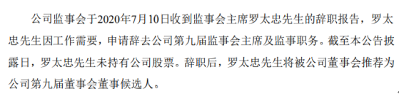 皖能电力监事会主席罗太忠辞职因工作需要