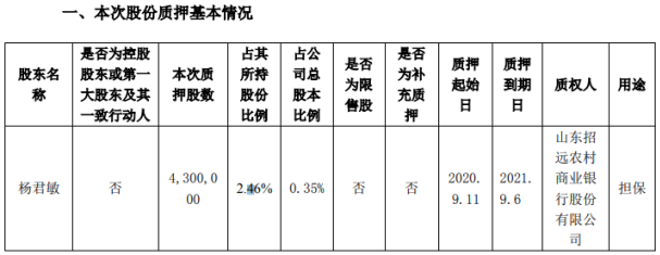 双塔食品股东杨君敏质押430万股用于担保