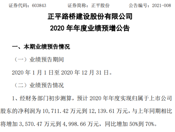 正平股份2020年预计净利107亿121亿增加5070新中标项目工程进度增加