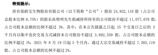 因个人资金筹划需要 保龄宝股东高艳明拟减持不超1107.77万股公司股份 