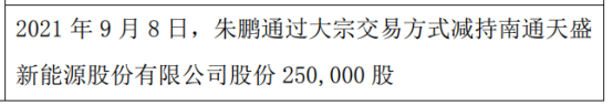 天盛股份股东朱鹏减持25万股 占所持总股份比例0.72%