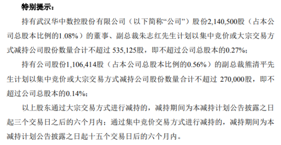 华中数控发布公告  2名股东拟合计减持不超80.51万股公司股份
