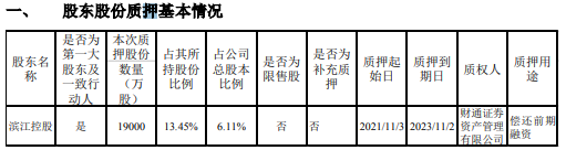 滨江集团控股股东滨江控股质押1.9亿股 占公司总股本比例的6.11%
