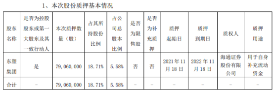 沧州明珠控股股东东塑集团质押7906万股 占公司总股本比例的5.58%