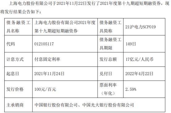 上海电力发行17亿短期融资券，期限为149天