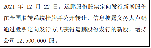运鹏股份股东卢鲲增持1250万股 上半年净利润为729万元