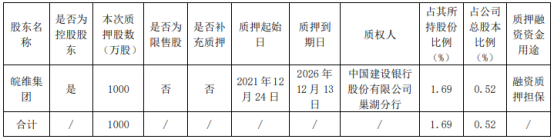 皖维高新控股股东皖维集团质押1000万股 占公司总股本比例的0.52%
