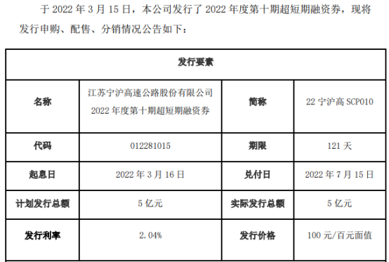 宁沪高速发行5亿元短期融资券 发行期限为121天