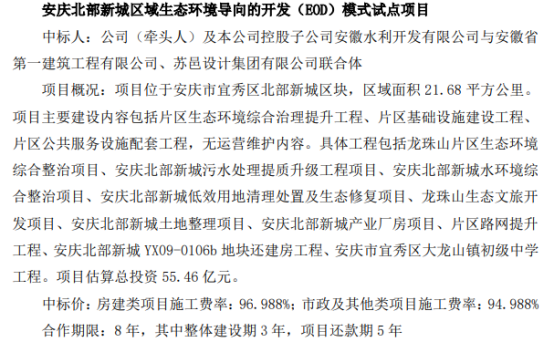 安徽建工中标安庆北部新城区域生态环境导向的开发（EOD）模式试点项目项目估算总投资5546亿