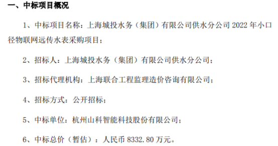 bob手机版网页山科智能中标2022年小口径物联网远传水表采购项目 中标总价（暂(图1)