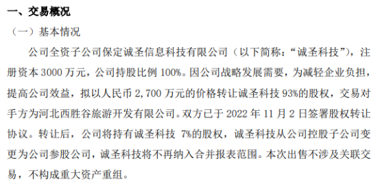 诚安达拟以2700万的价格转让诚圣科技93%的股权给河北西胜谷旅游开发有限公司