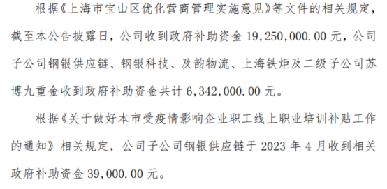 钢银电商及其子公司自2023年3月起累计获得各项政府补助资金共计25631万