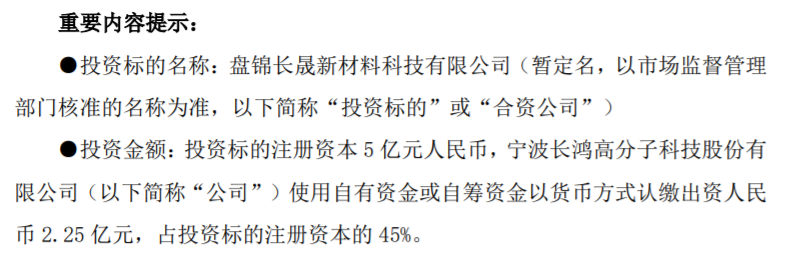 长鸿高科和盘锦晟腾合计出资5亿设立盘锦长晟新材料kaiyun 开云 官方网站科技有限公司(图1)