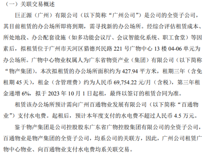 巨正源全资子公司广州公司拟租赁广州市天河区猎德兴民路221号广物中心13楼04-06单元为办公场所