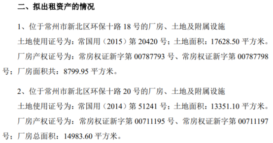 金康精工拟将位于常州市新北区环保十路18、20号的厂房、土地及附属设施对外出租