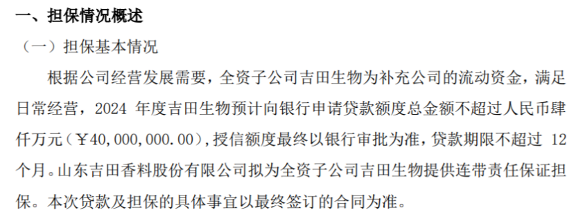 吉田股份全资子公司2024年度预计向银行申请贷款额度总金额不超过4000万公司提供连带责任保证担保