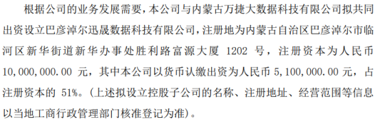 京彩未来拟出资510万设立巴彦淖尔迅晟数据科技有限公司 持股51%IM电竞(图1)