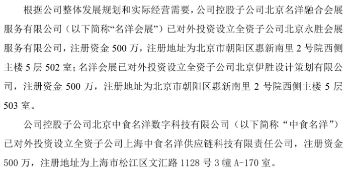 名洋数字控股子公司名洋会展、中食名洋拟合计投资1500万设立3家全资子公司(图1)