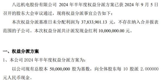 金年会八达机电2024年半年度权益分派每10股派现2元 共计派发现金红利1000(图1)