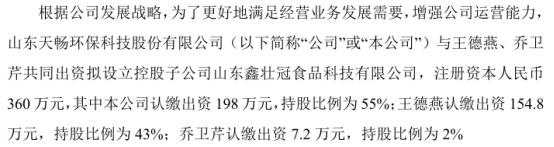 pg模拟器登录天畅环保拟投资198万设立控股子公司山东鑫壮冠食品科技有限公司 持股55%