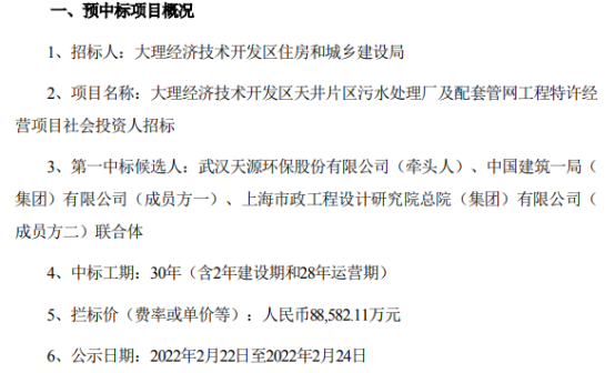 大理经济技术开发区天井片区污水处理厂及配套管网工程特许经营项目