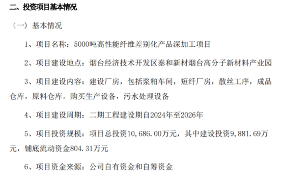 泰和兴拟开发建设5000吨高性能纤维差别化产品深加工项目项目总投资